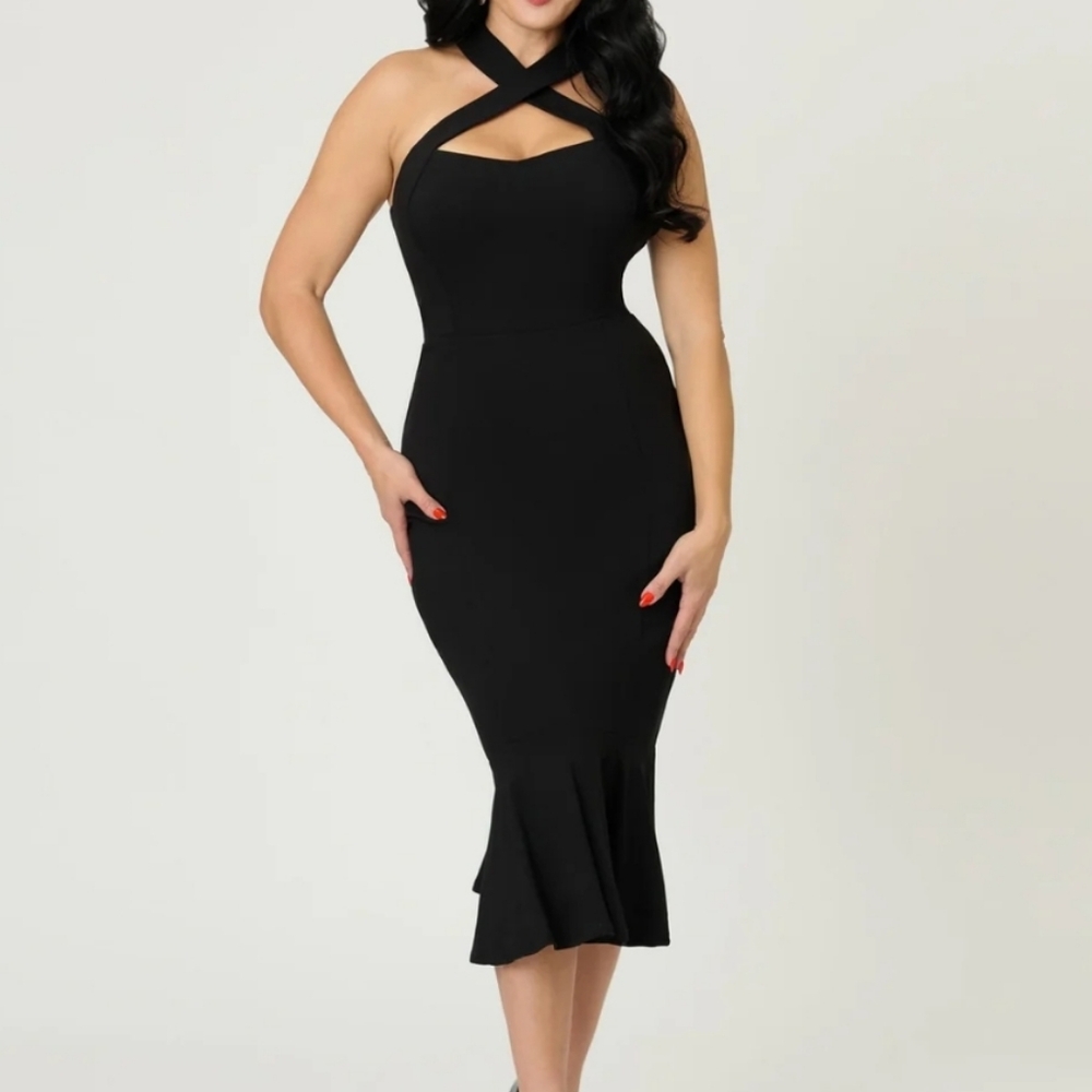 Unique Vintage Black Criss Cross Halter Pencil Dress